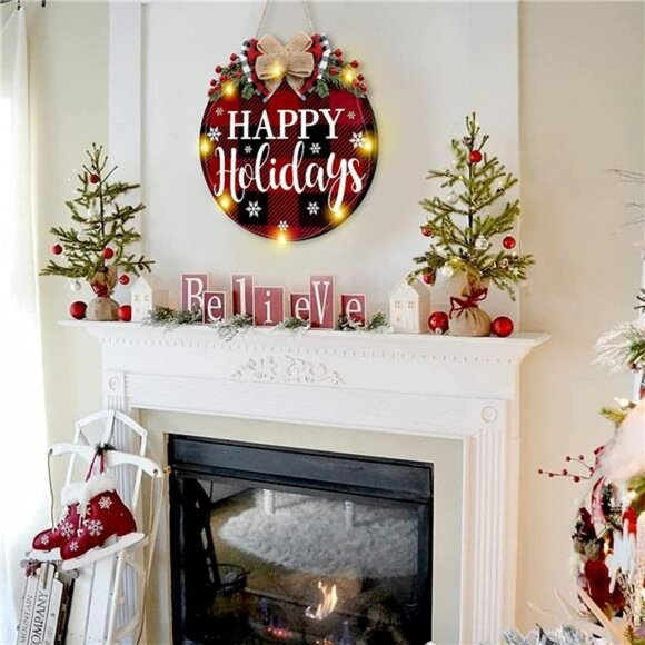 Happy Holiday Door Wreath Sign Christmas Decoration Buffalo Plaid 12 inches - Picture 1 of 7